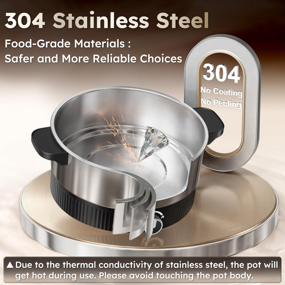 TopWit stainless-steel inner pot close-up emphasizes durable, non-toxic cookware for daily use.