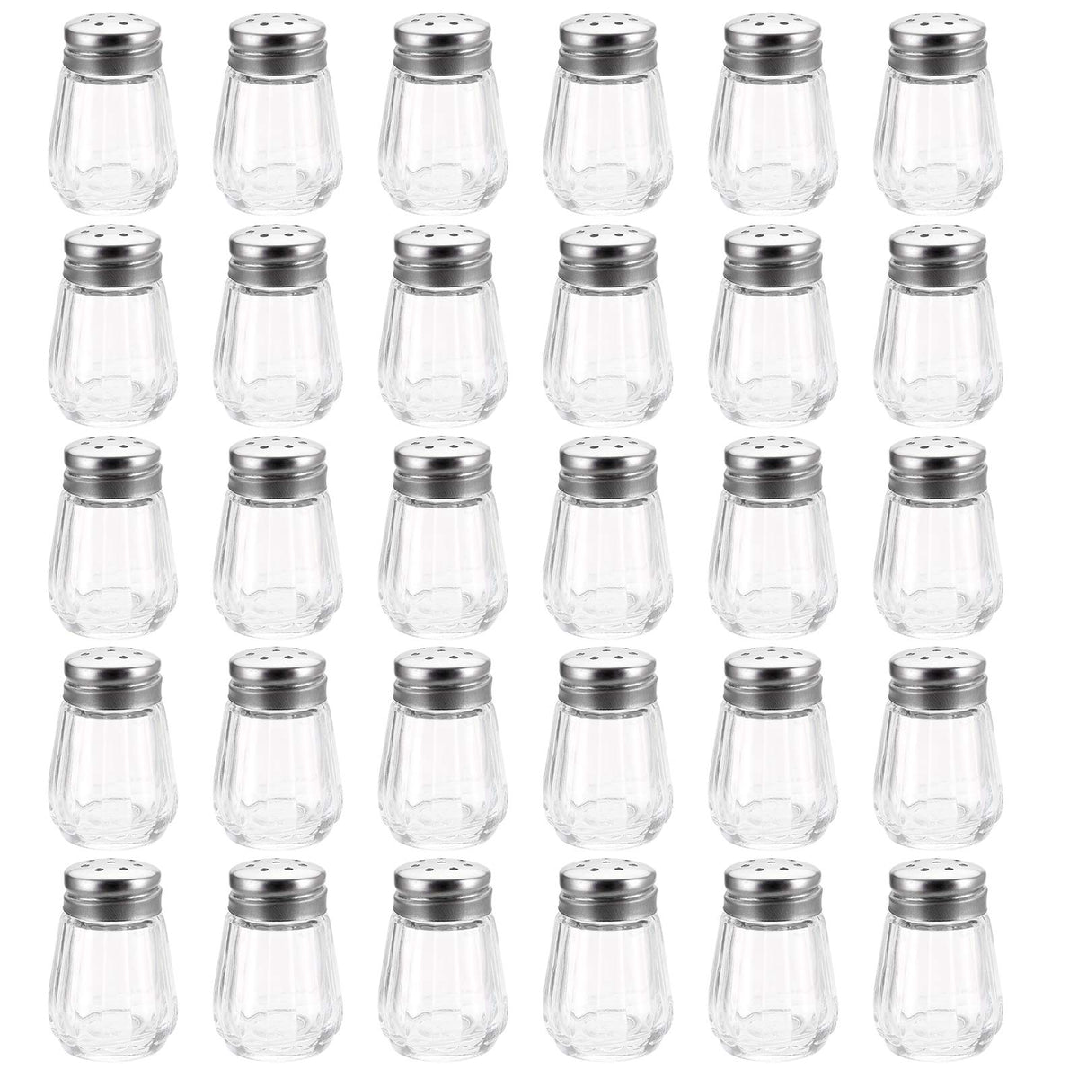 TOPZEA 30-pack mini salt and pepper shakers in clear glass for easy identification.