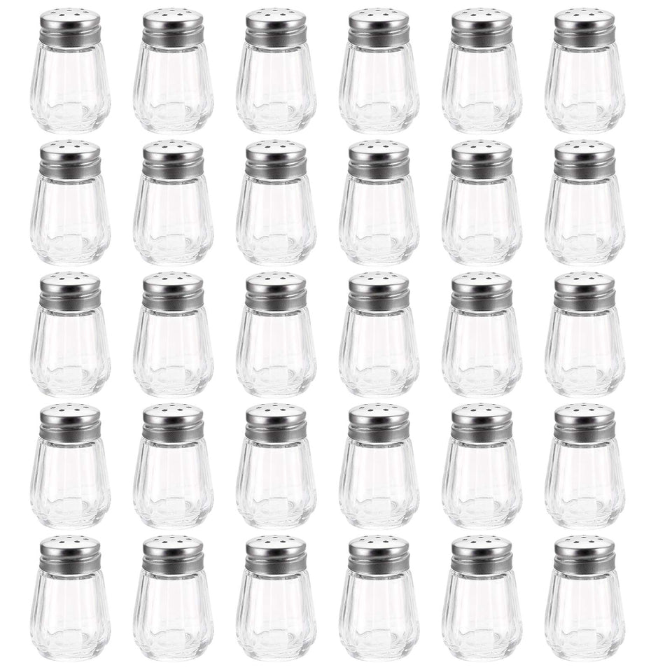 TOPZEA 30-pack mini salt and pepper shakers in clear glass for easy identification.