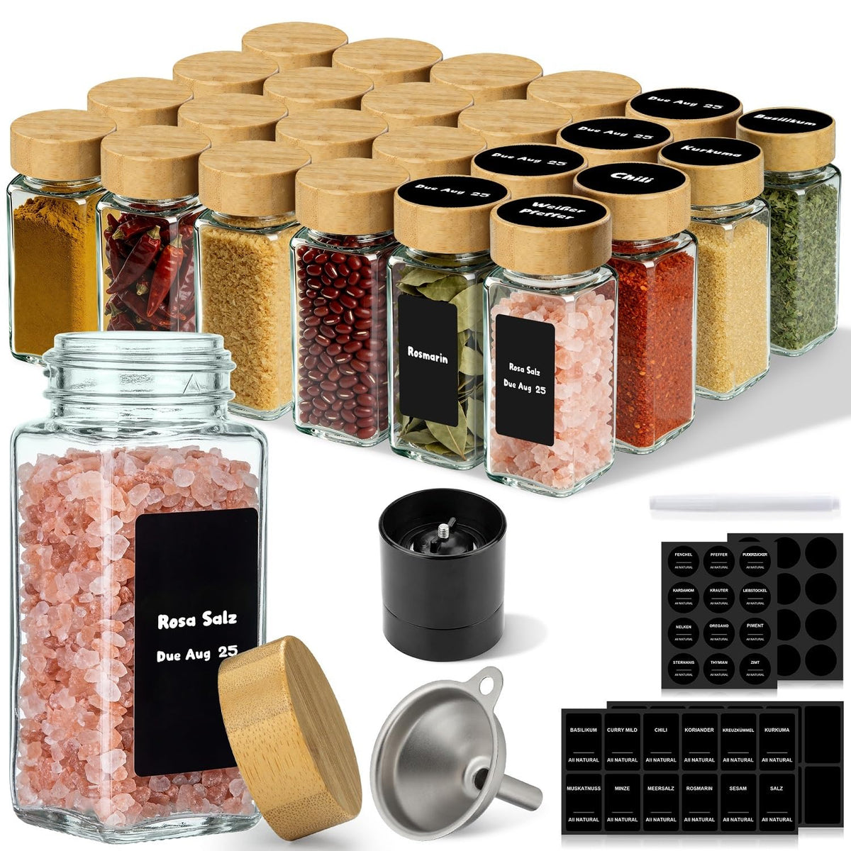 Torchero 24-pack square glass spice jars keep spices organized and within easy reach.