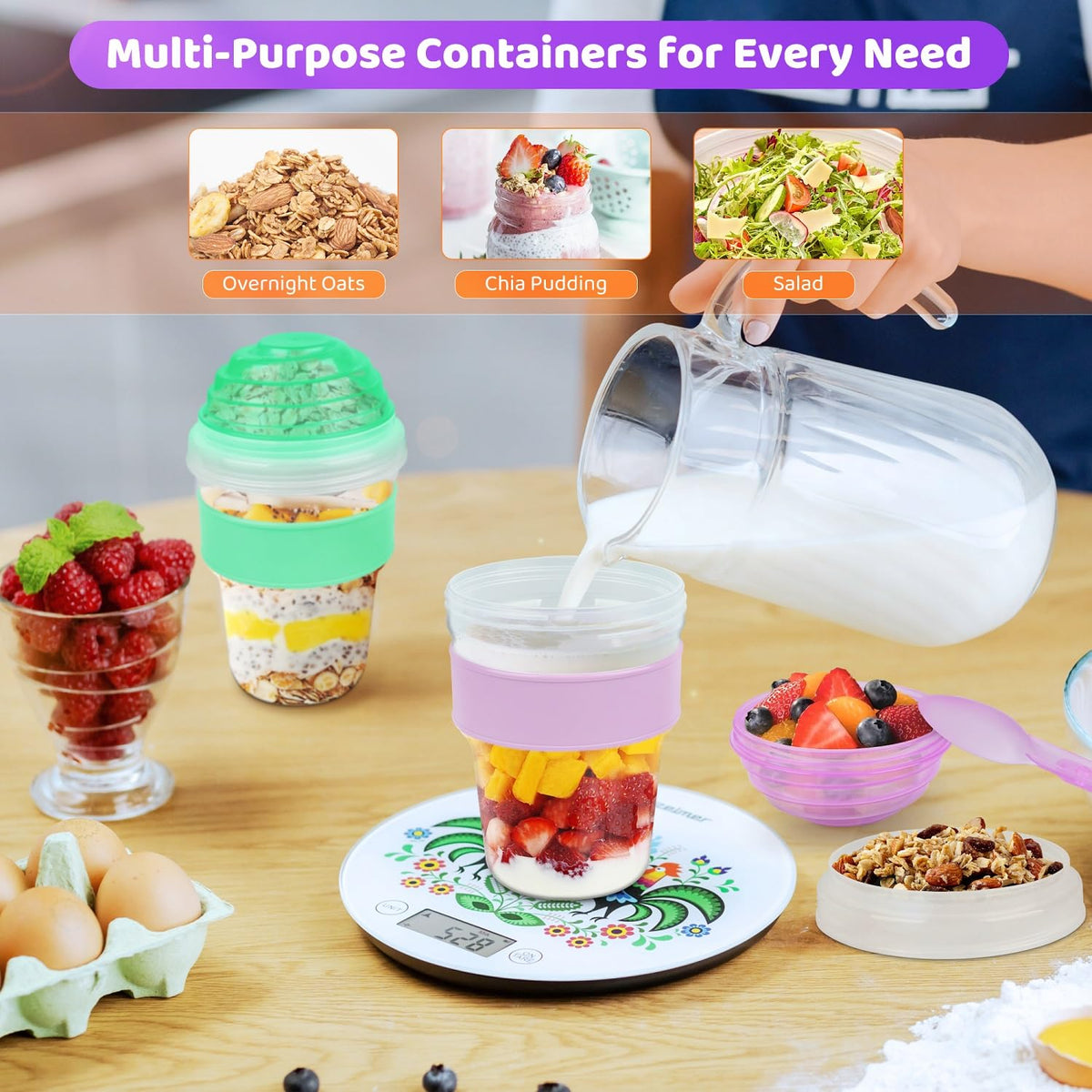 Foldable spoon stored in lid keeps utensils handy.