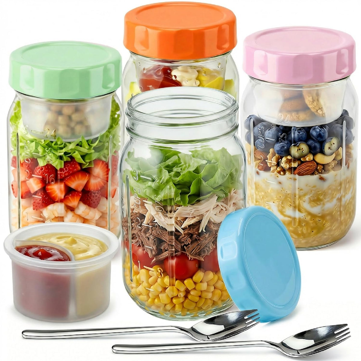 Torchero 32oz salad jar with dressing cup showing organized meal prep benefits