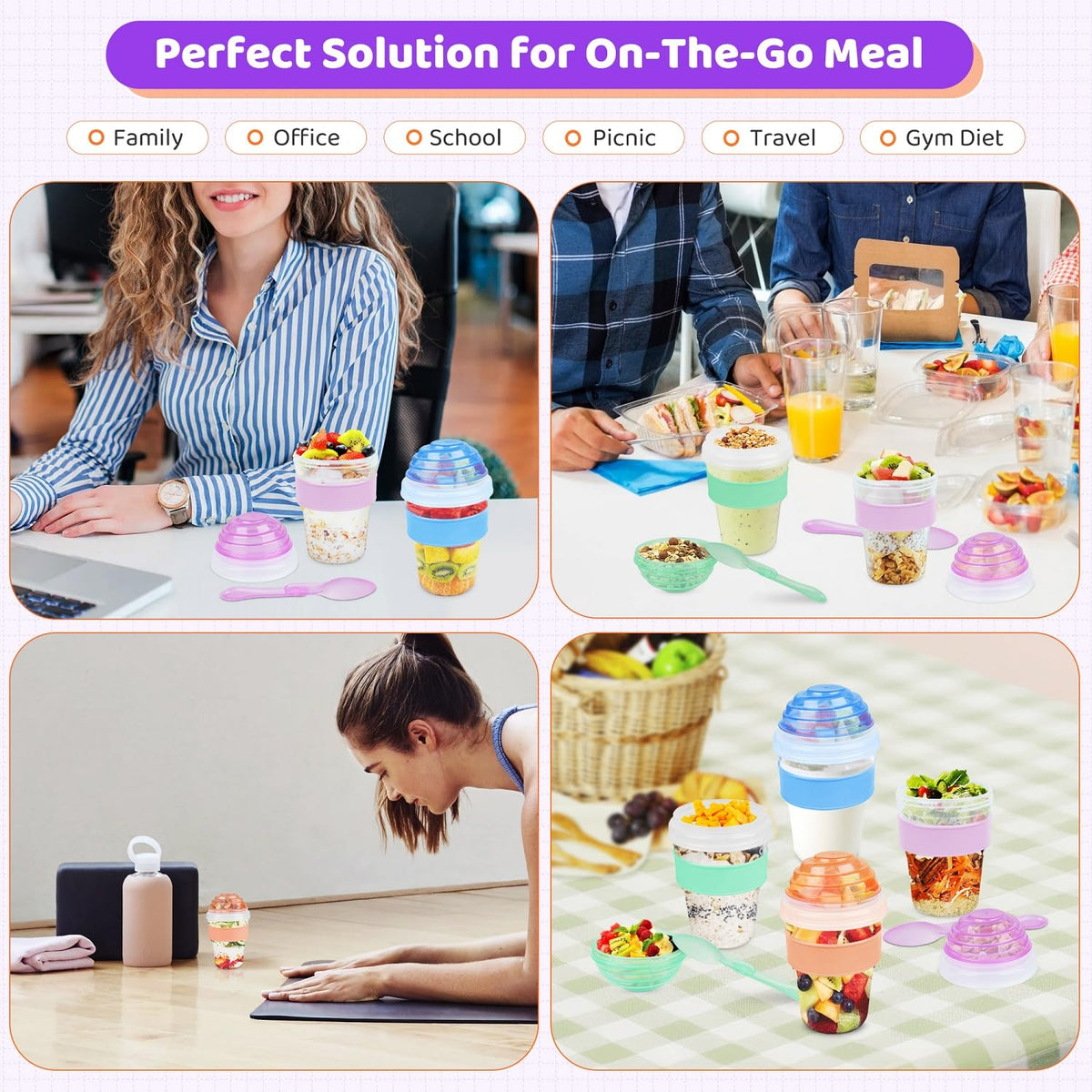 Stackable design saves space in fridge and bag.