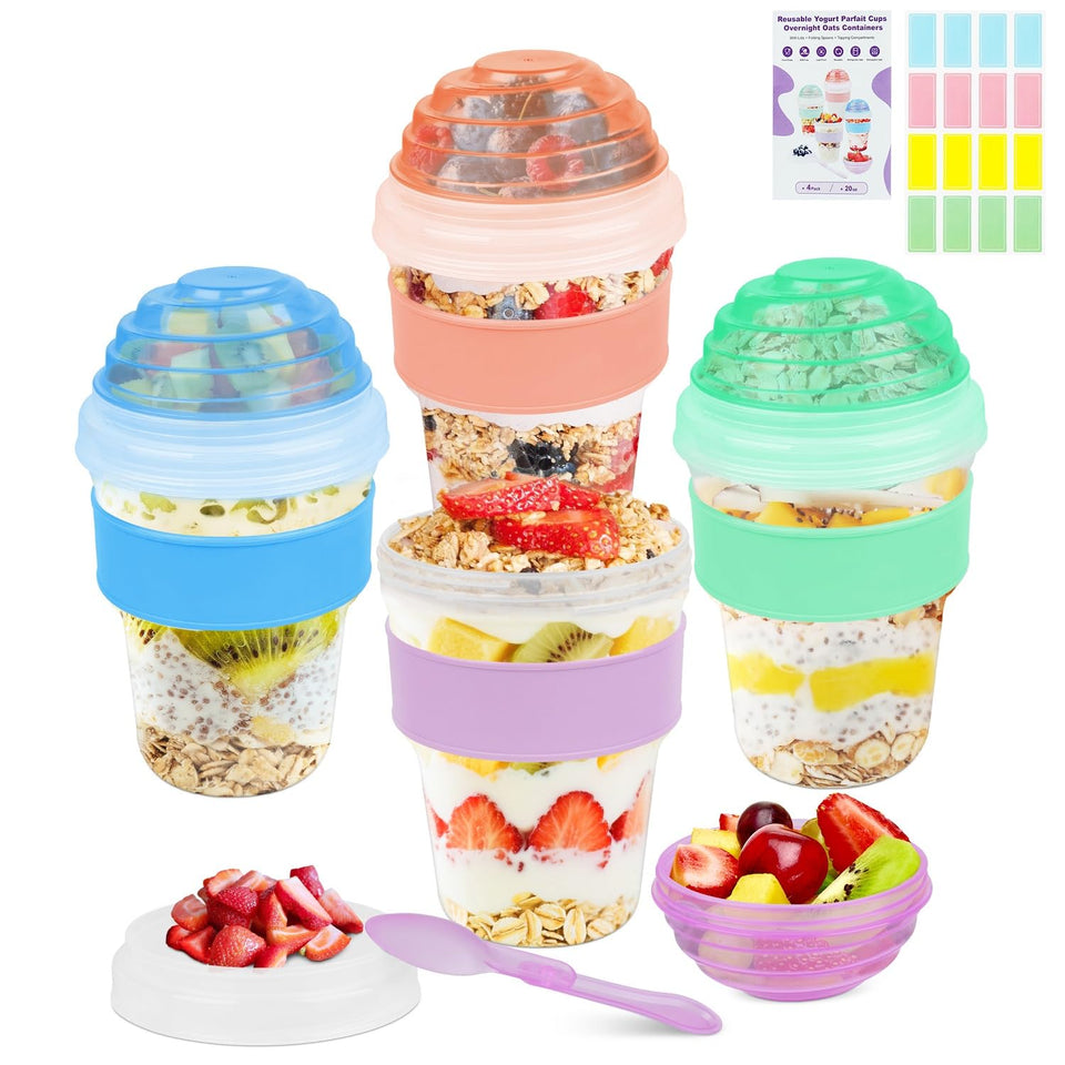 Torchero yogurt parfait cups with lids 4-pack for organized, spill-free breakfasts on the go.