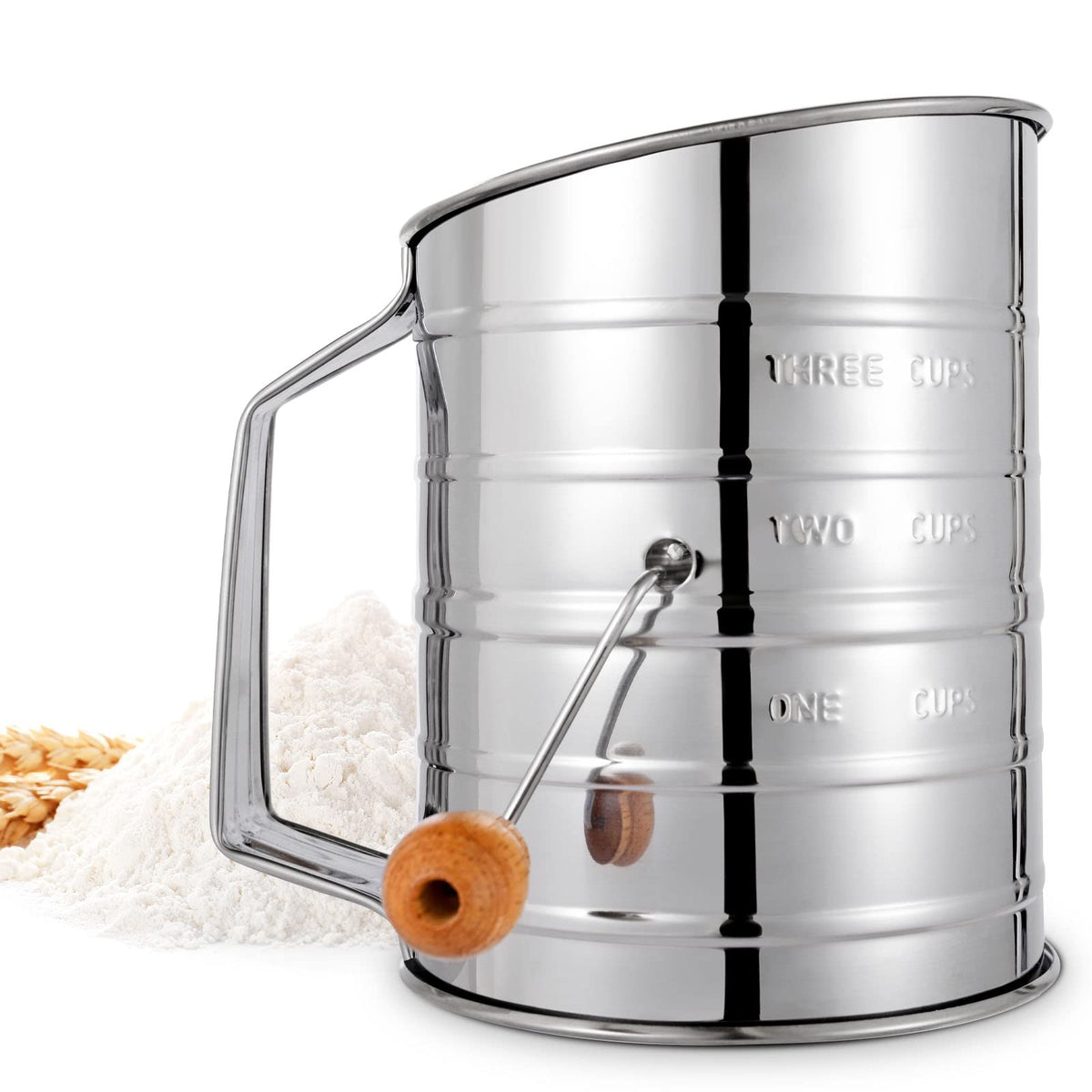 Toresano Flour Sifter front view showing 3-cup capacity for quick sifting.