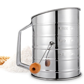 Toresano Flour Sifter front view showing 3-cup capacity for quick sifting.