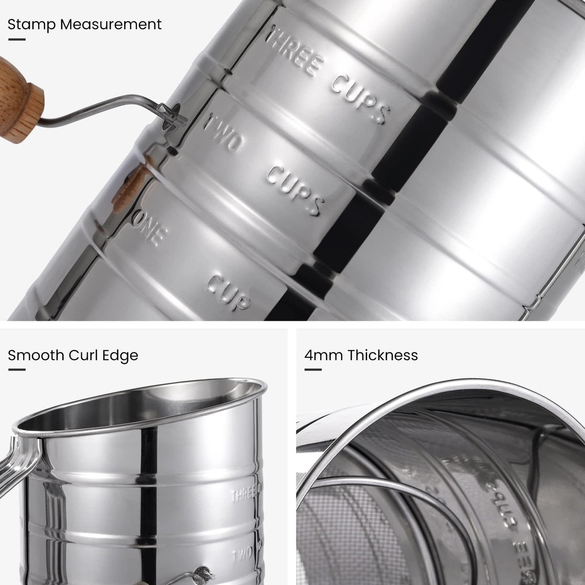 Toresano Flour Sifter in action with hand crank for smooth operation.