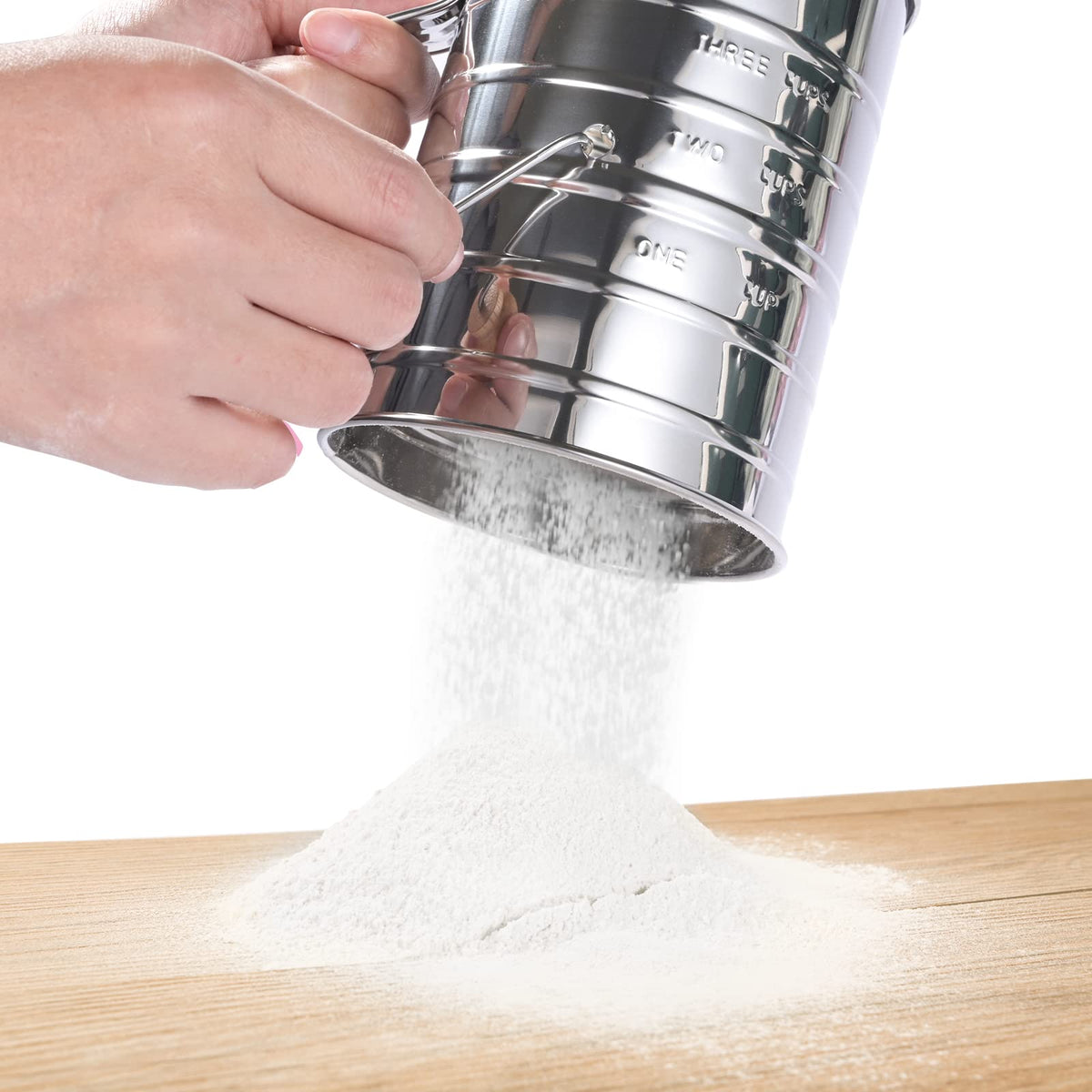 Toresano Flour Sifter stainless steel body delivers durable, easy cleaning.