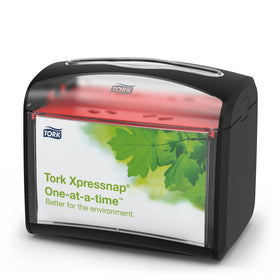 Tork Xpressnap dispenser front view showing sleek black tabletop unit for quick, hygienic service