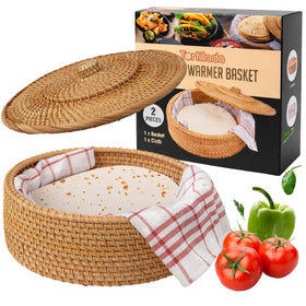 Tortillada tortilla warmer basket in rattan keeps tortillas warm for family meals.