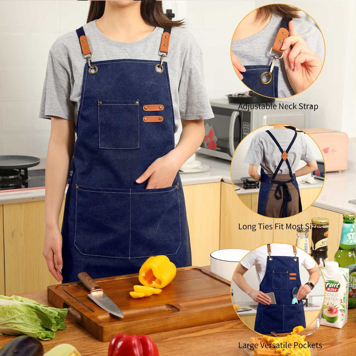 Tosewever apron large pockets with tools and phone.