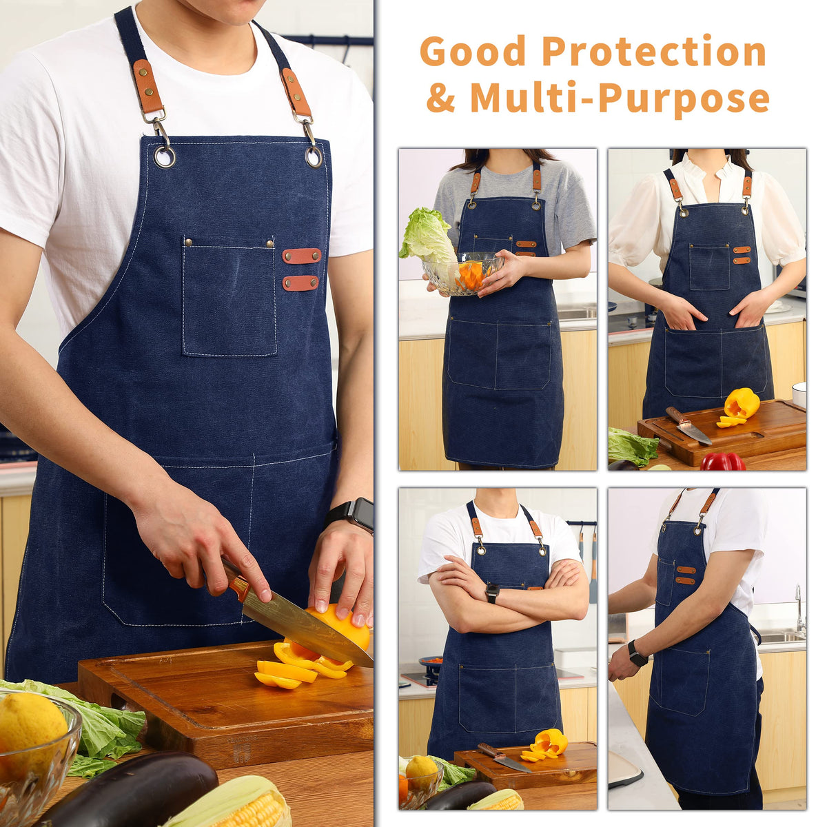 Leather buckle detail reduces strap slip on Tosewever apron.