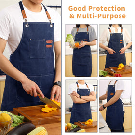 Leather buckle detail reduces strap slip on Tosewever apron.