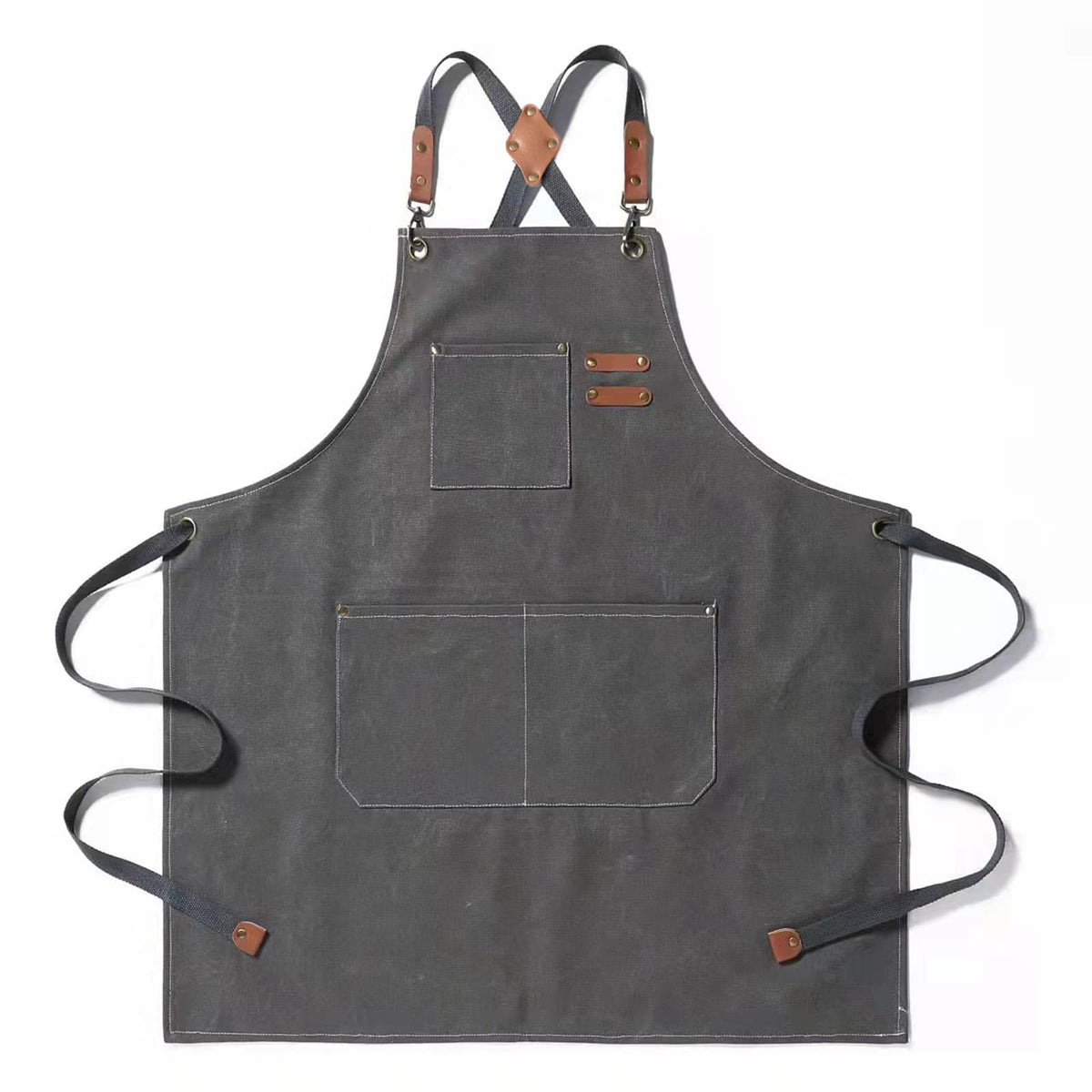 Tosewever canvas cross-back apron grey front view with large pockets