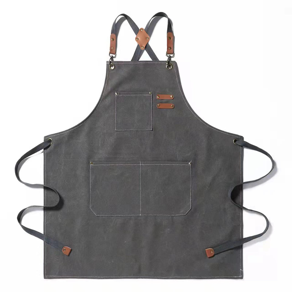 Tosewever canvas cross-back apron grey front view with large pockets