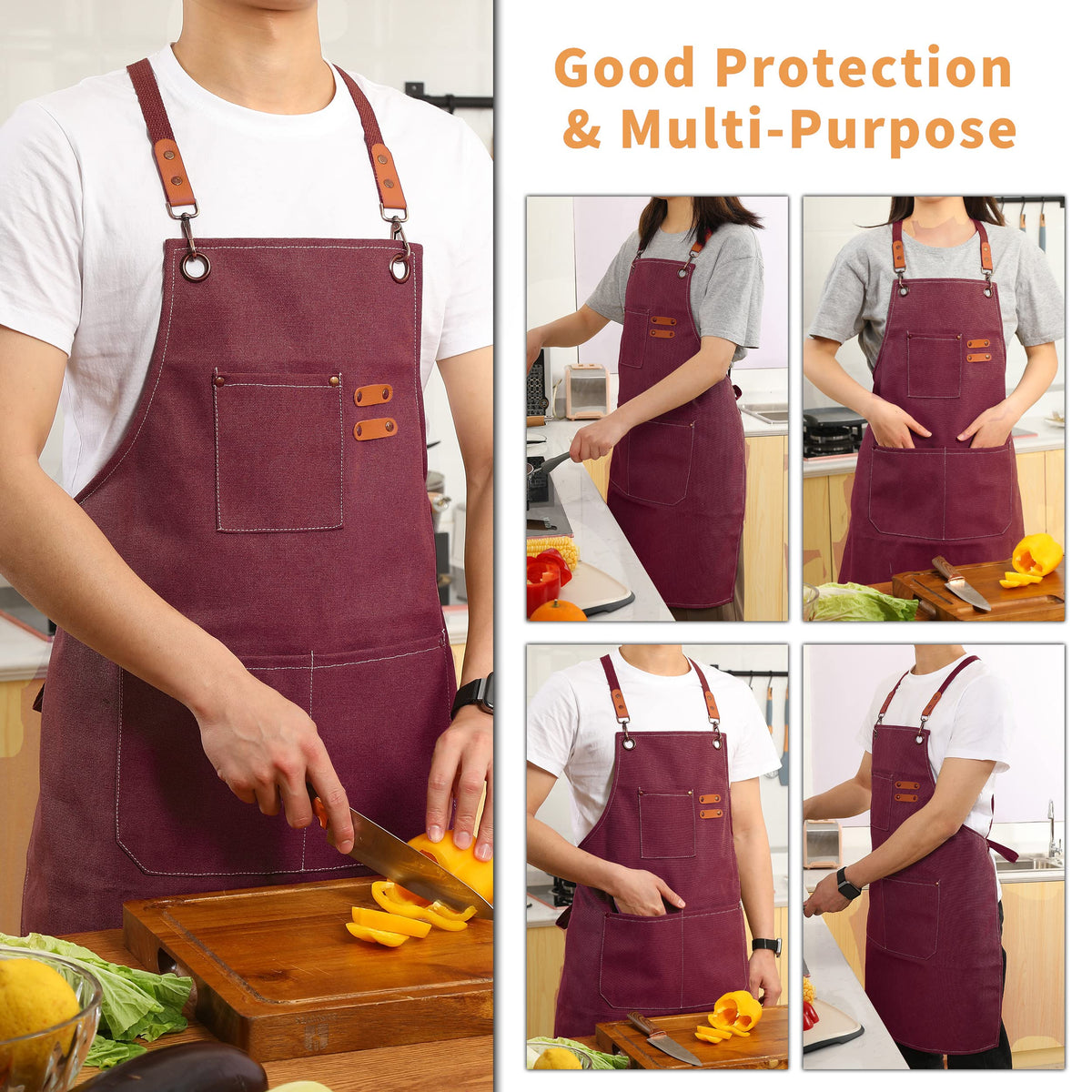 Tosewever dark red apron keeps clothes clean during prep and service
