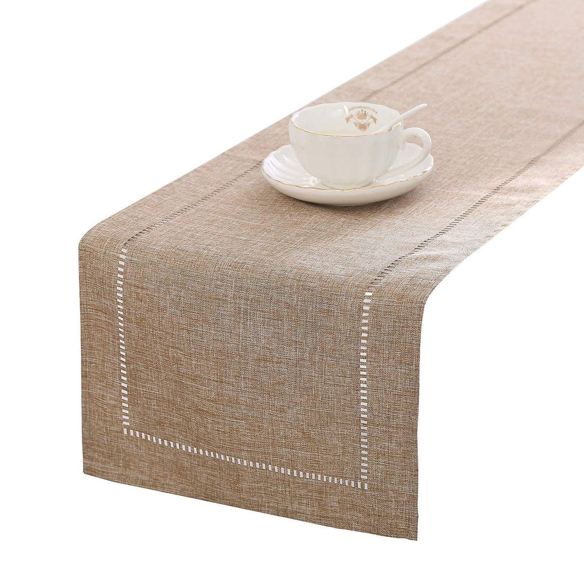 Tosewever table runner in light coffee on dining table adds rustic elegance.