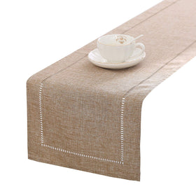 Tosewever table runner in light coffee on dining table adds rustic elegance.