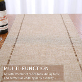 Tosewever table runner beside plates and glassware complements table decor.