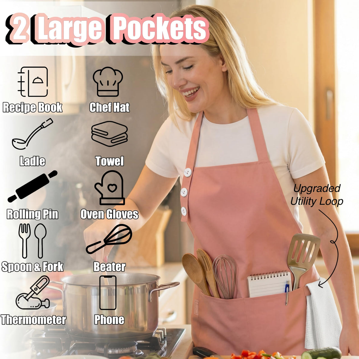 TOSHE Kitchen Apron adjustable neck strap for a comfortable, personalized fit.