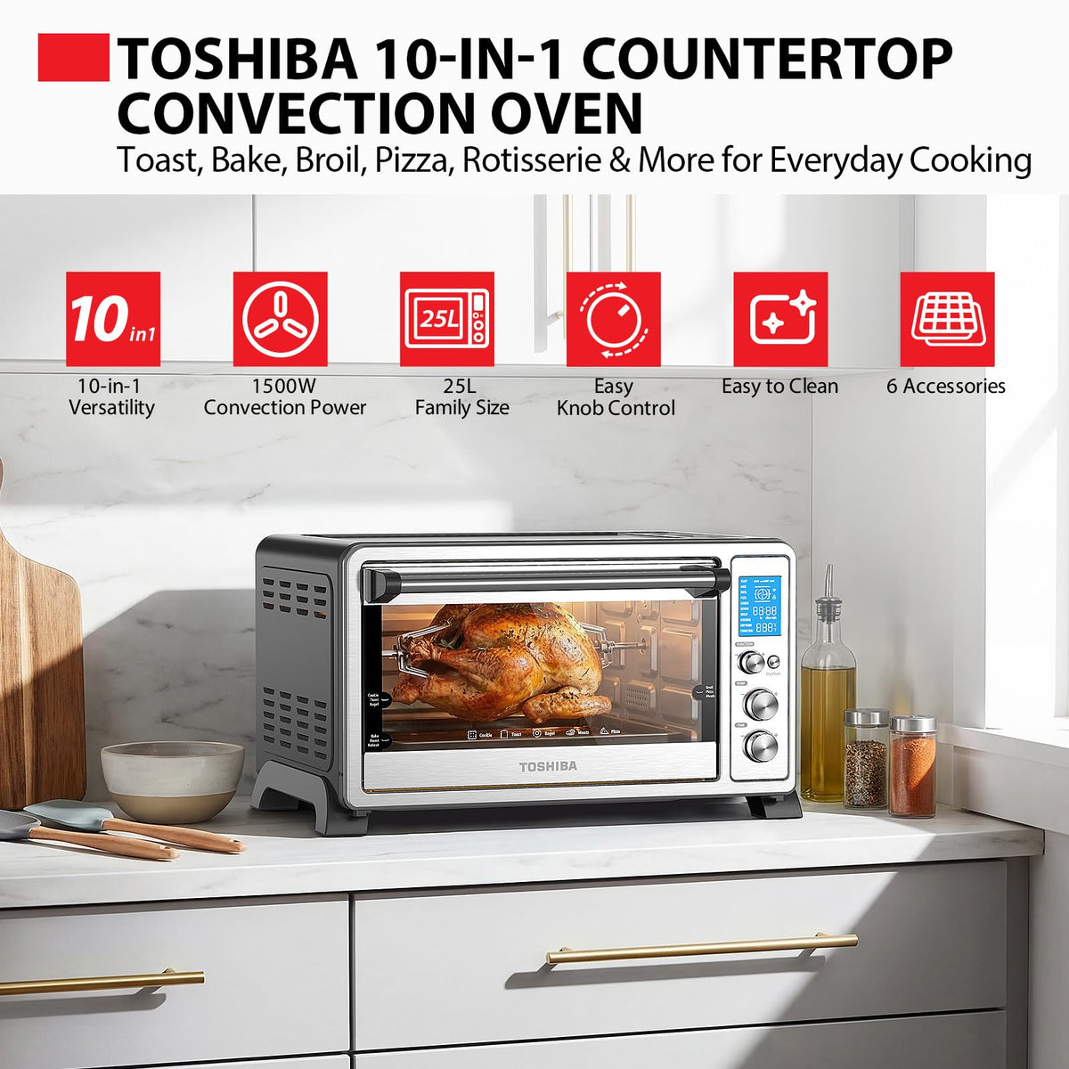 TOSHIBA 10-in-1 control panel with LCD knobs for quick, precise setup.