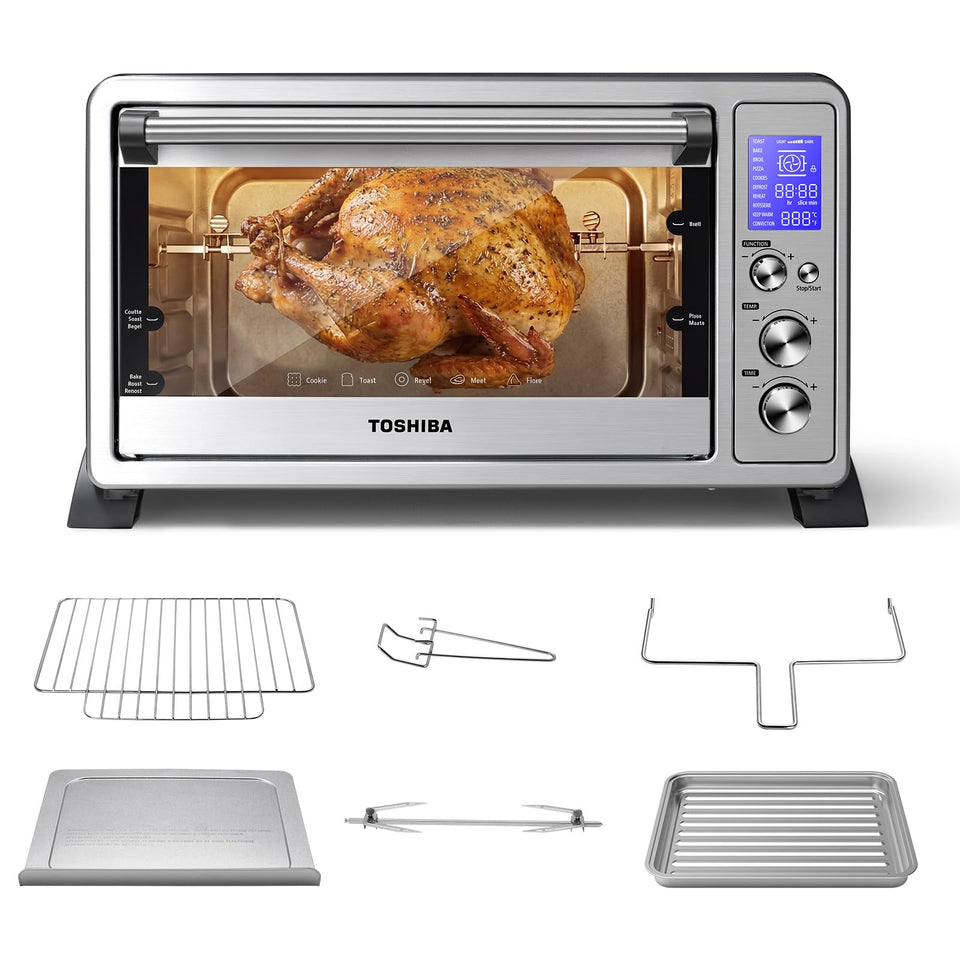 TOSHIBA 10-in-1 convection toaster oven front view, compact design for versatile family meals.