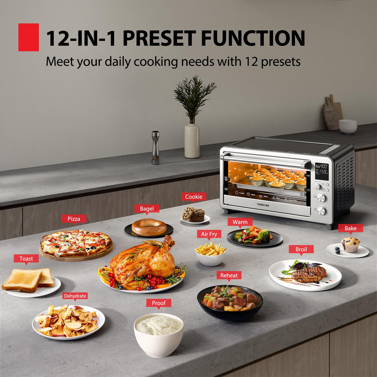 Toshiba ChefFry oven interior shows spacious 26.4 qt capacity.
