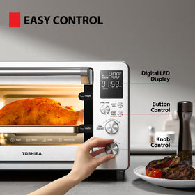 Toshiba ChefFry pizza-on-rack delivers evenly melted cheese.