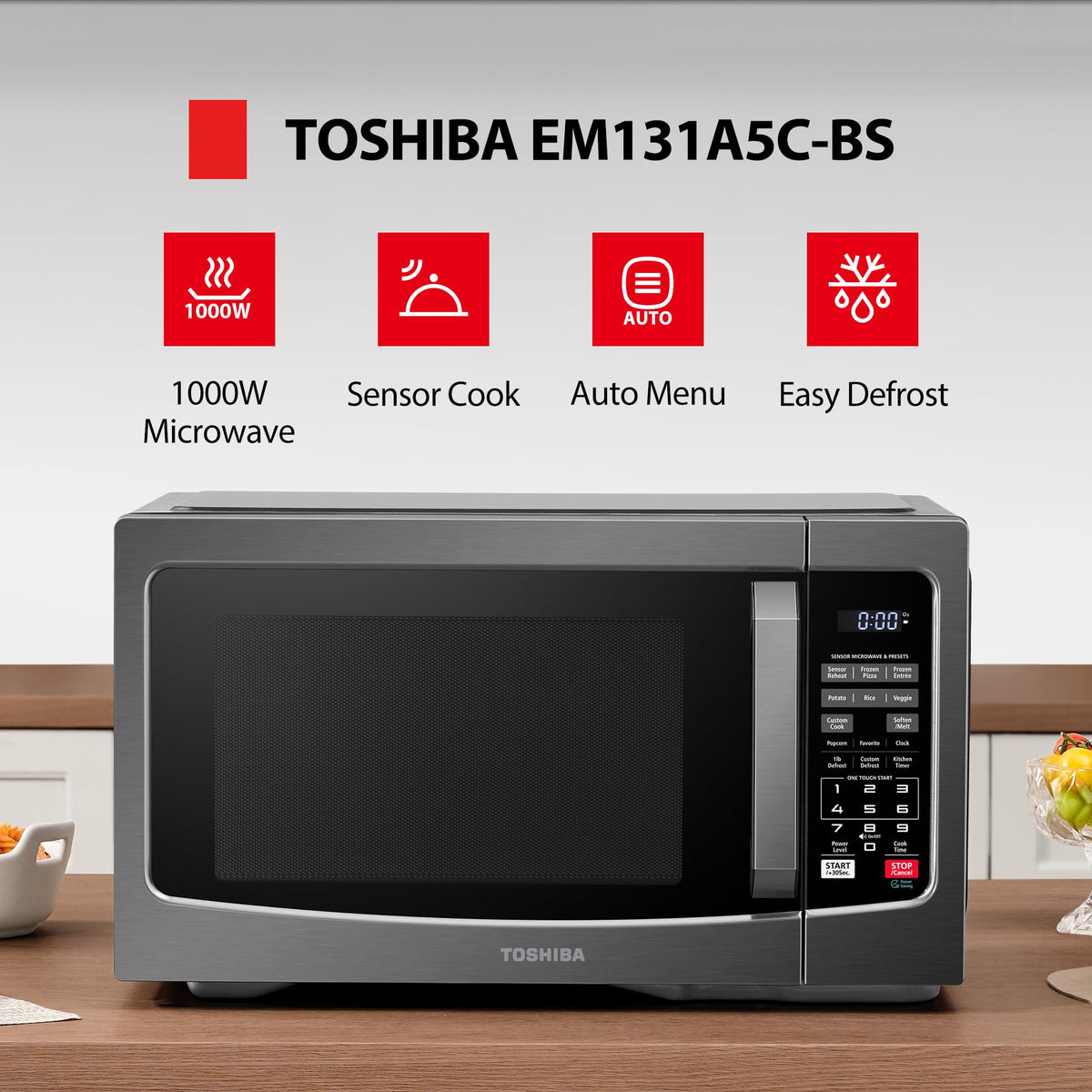 TOSHIBA EM131A5C-BS digital display showing clock and timer features