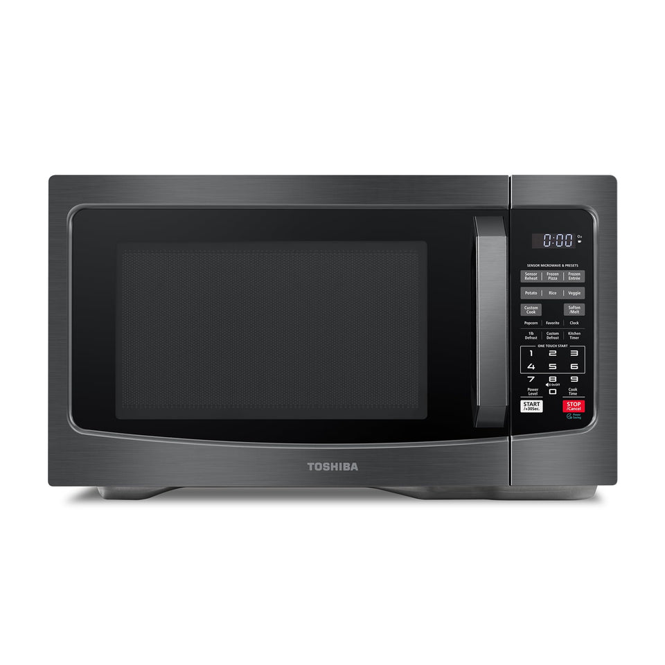 TOSHIBA EM131A5C-BS front view in black stainless steel for a modern kitchen