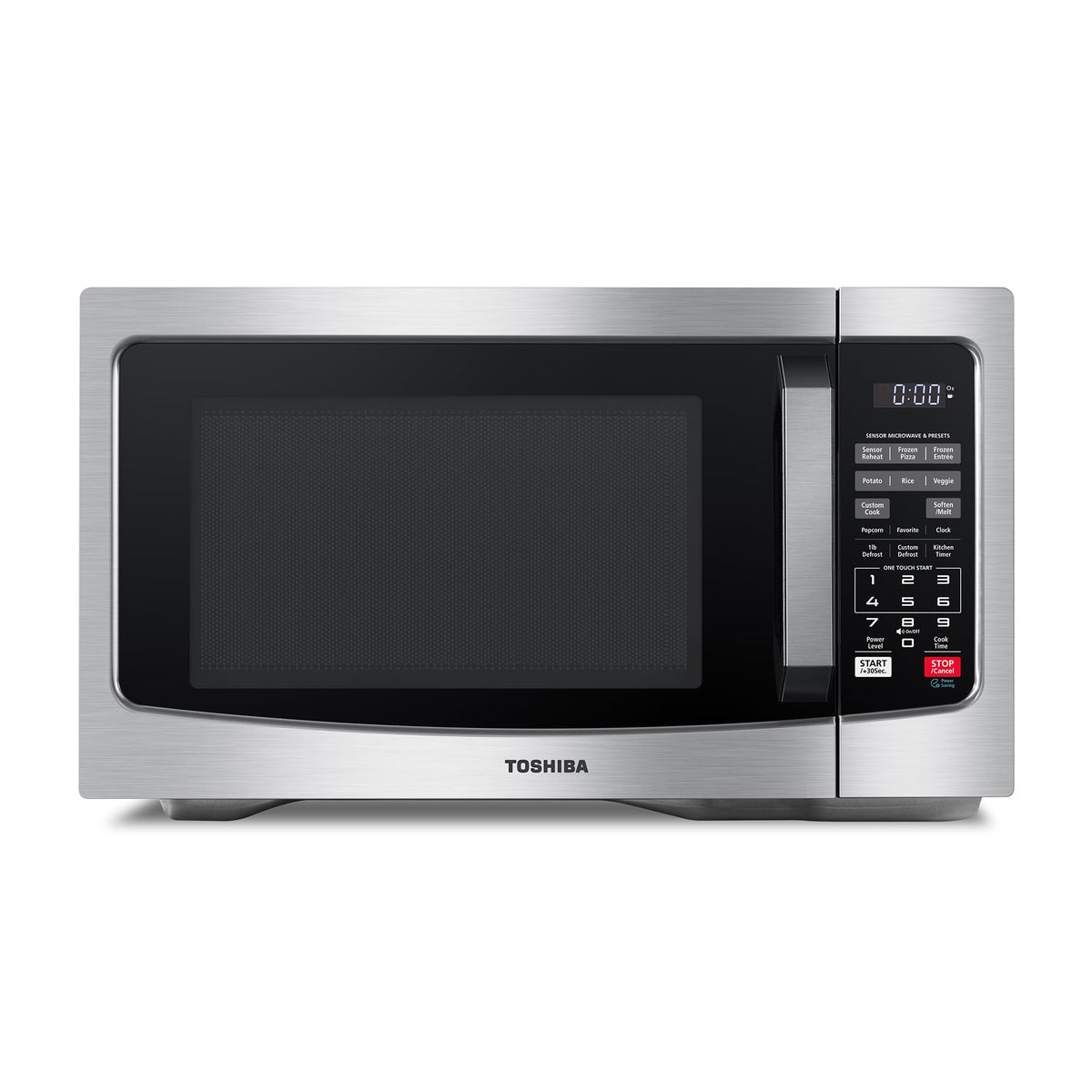 TOSHIBA EM131A5C-SS front view, sleek stainless steel kitchen appliance.