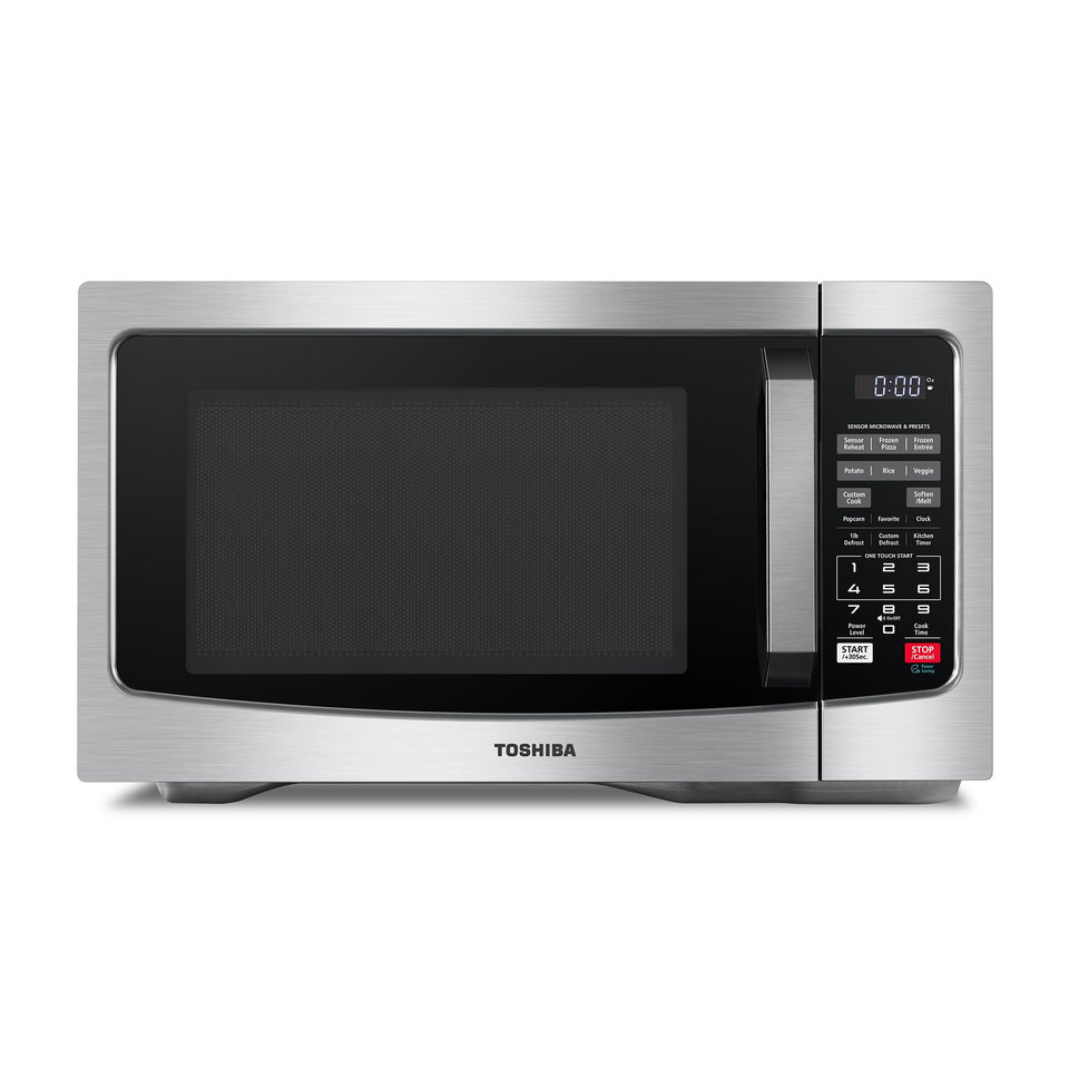 TOSHIBA EM131A5C-SS front view, sleek stainless steel kitchen appliance.