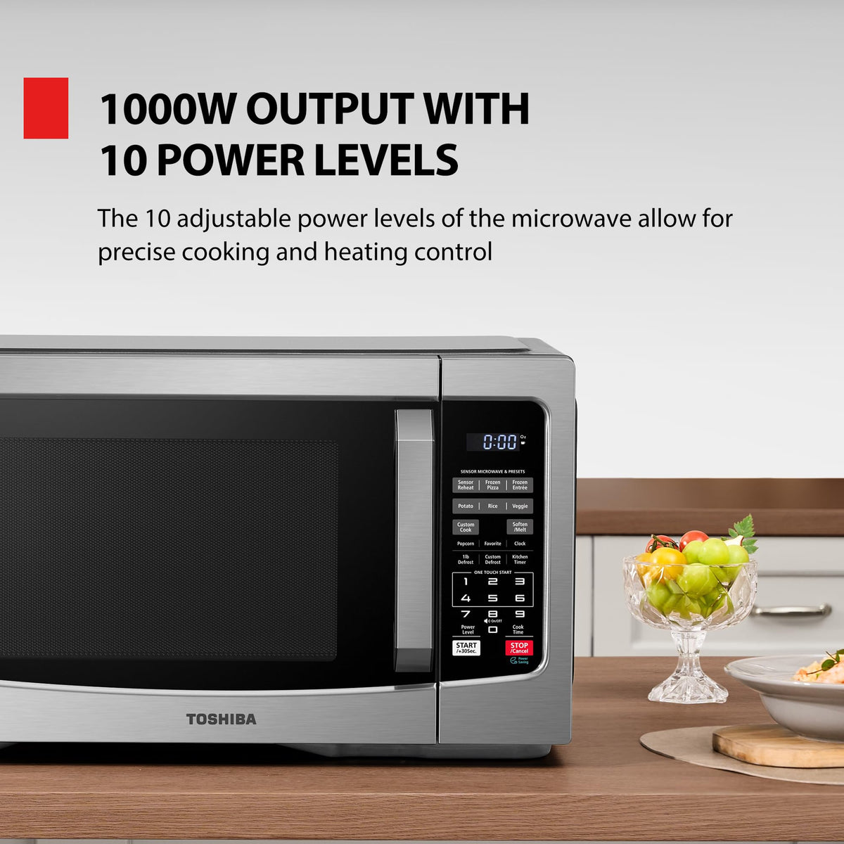 Mute function reduces noise during microwave operation in the kitchen.