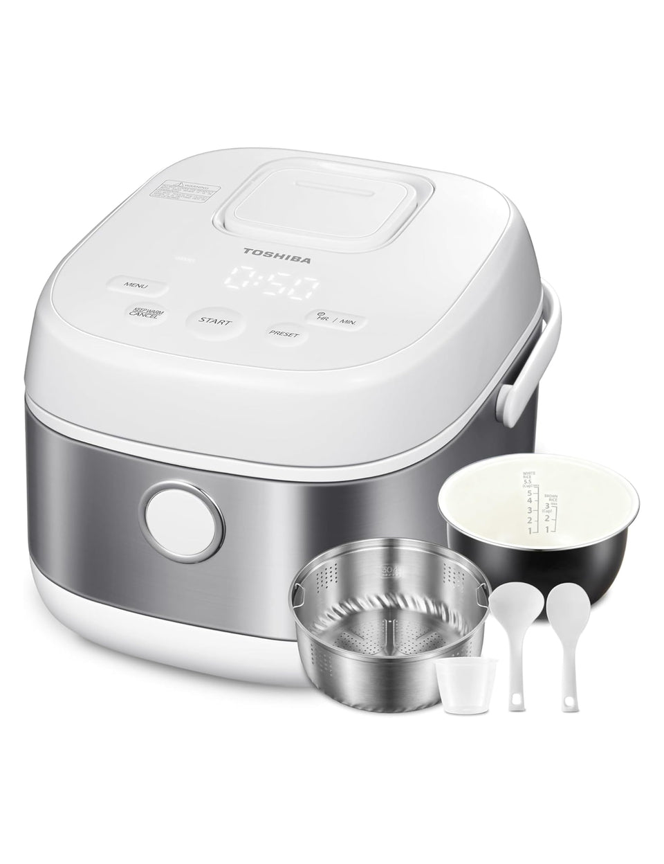 TOSHIBA induction heating rice cooker exterior in silvery white ready for versatile meals