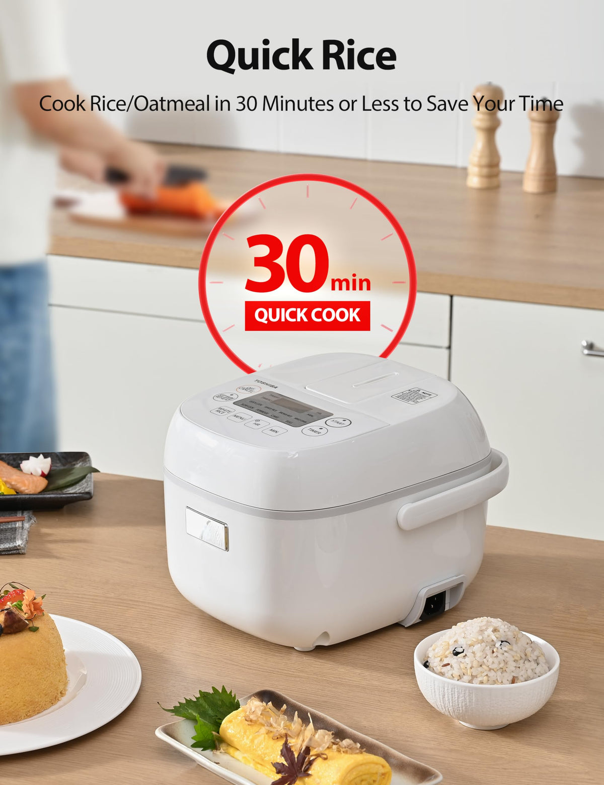 Toshiba rice cooker featuring 24-hour delay timer for planned meals.