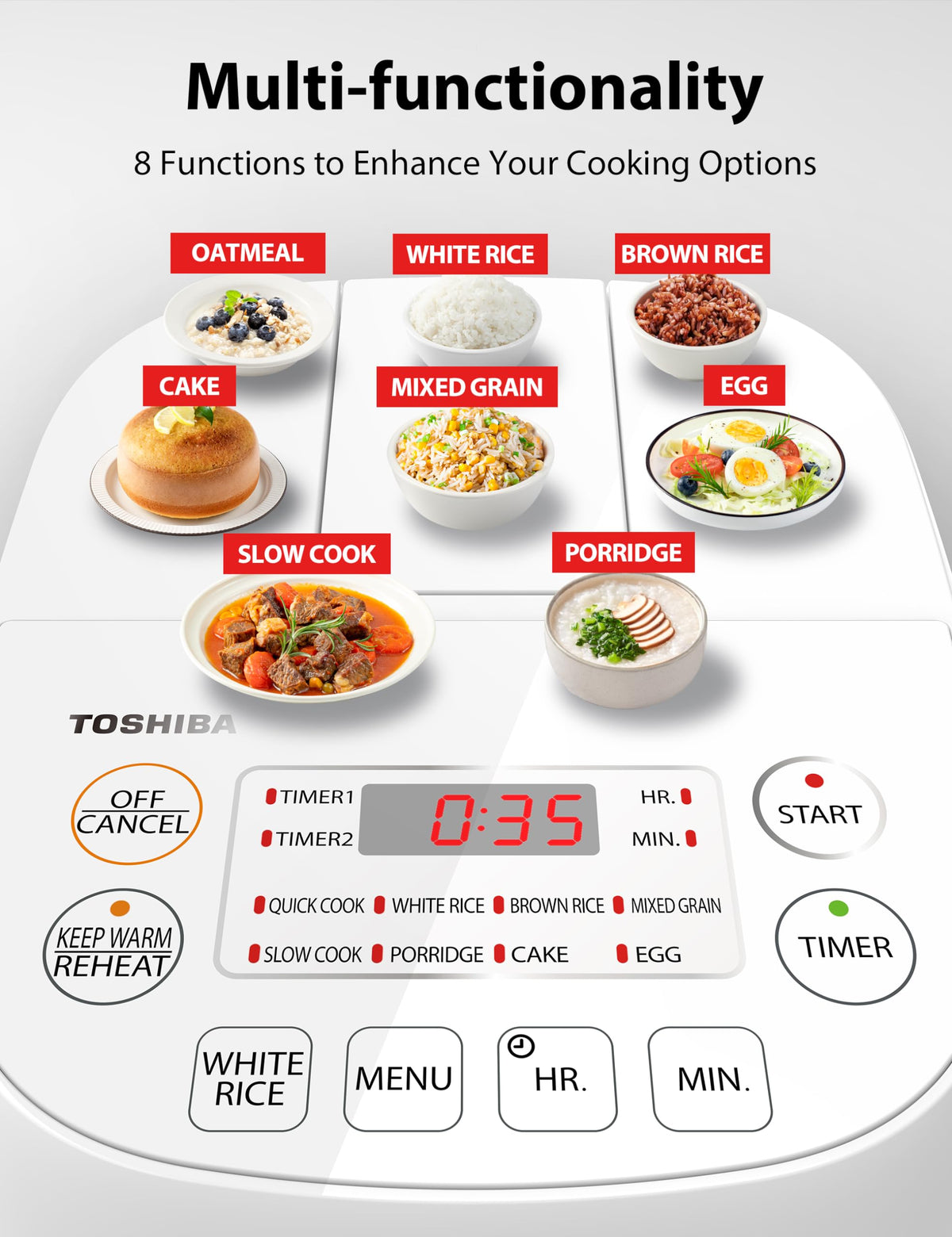Toshiba control panel with LED display enables quick one-touch setup.