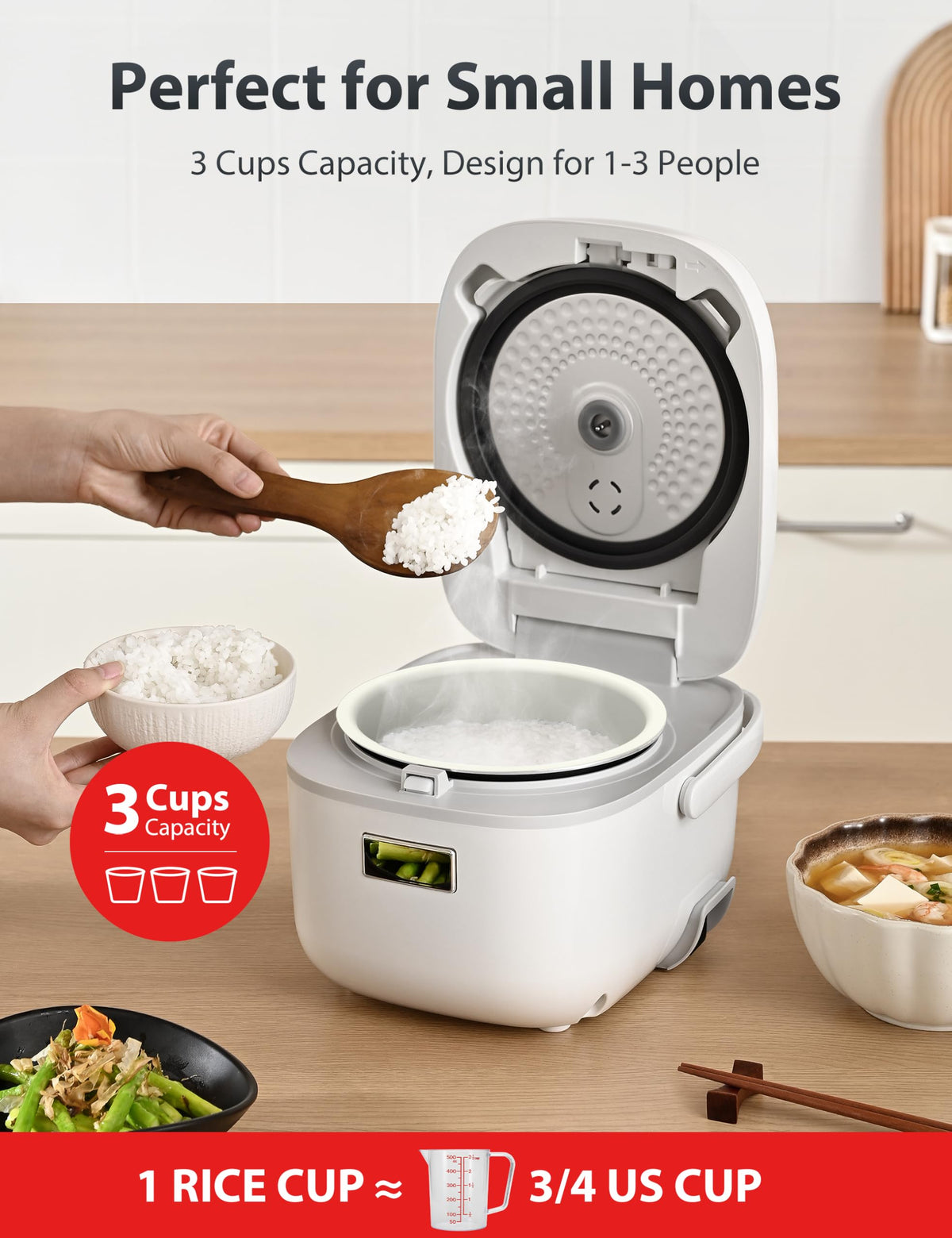 Toshiba mini rice cooker displaying six cooked portions for easy family meals.