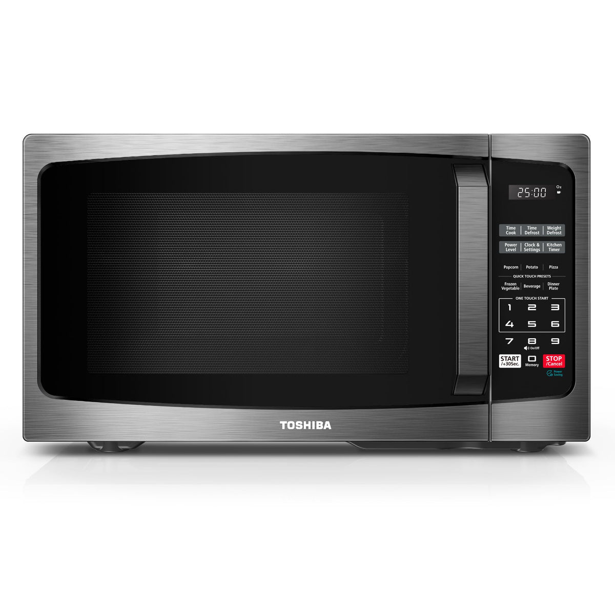 TOSHIBA ML-EM09PA BS front view showing compact, space-saving microwave.