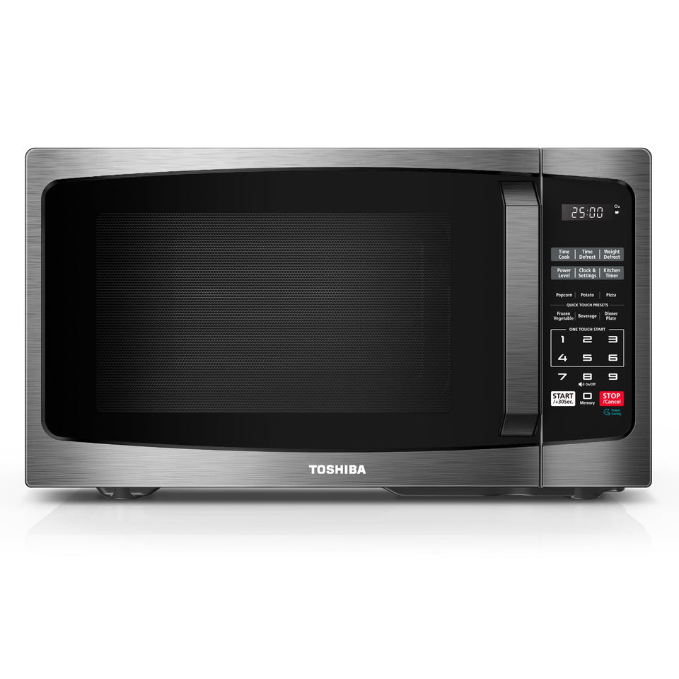 TOSHIBA ML-EM09PA BS front view showing compact, space-saving microwave.