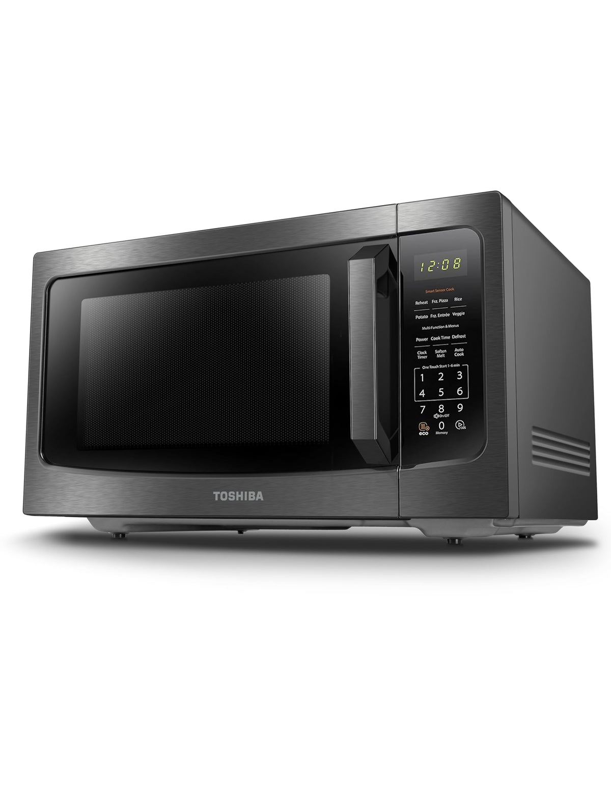 TOSHIBA ML-EM45P(BS) front view showing a sleek black stainless finish that suits modern kitchens.