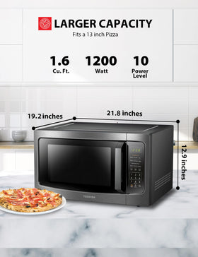 TOSHIBA ML-EM45P(BS) interior with a 13.6-inch turntable for even heating and large meals.