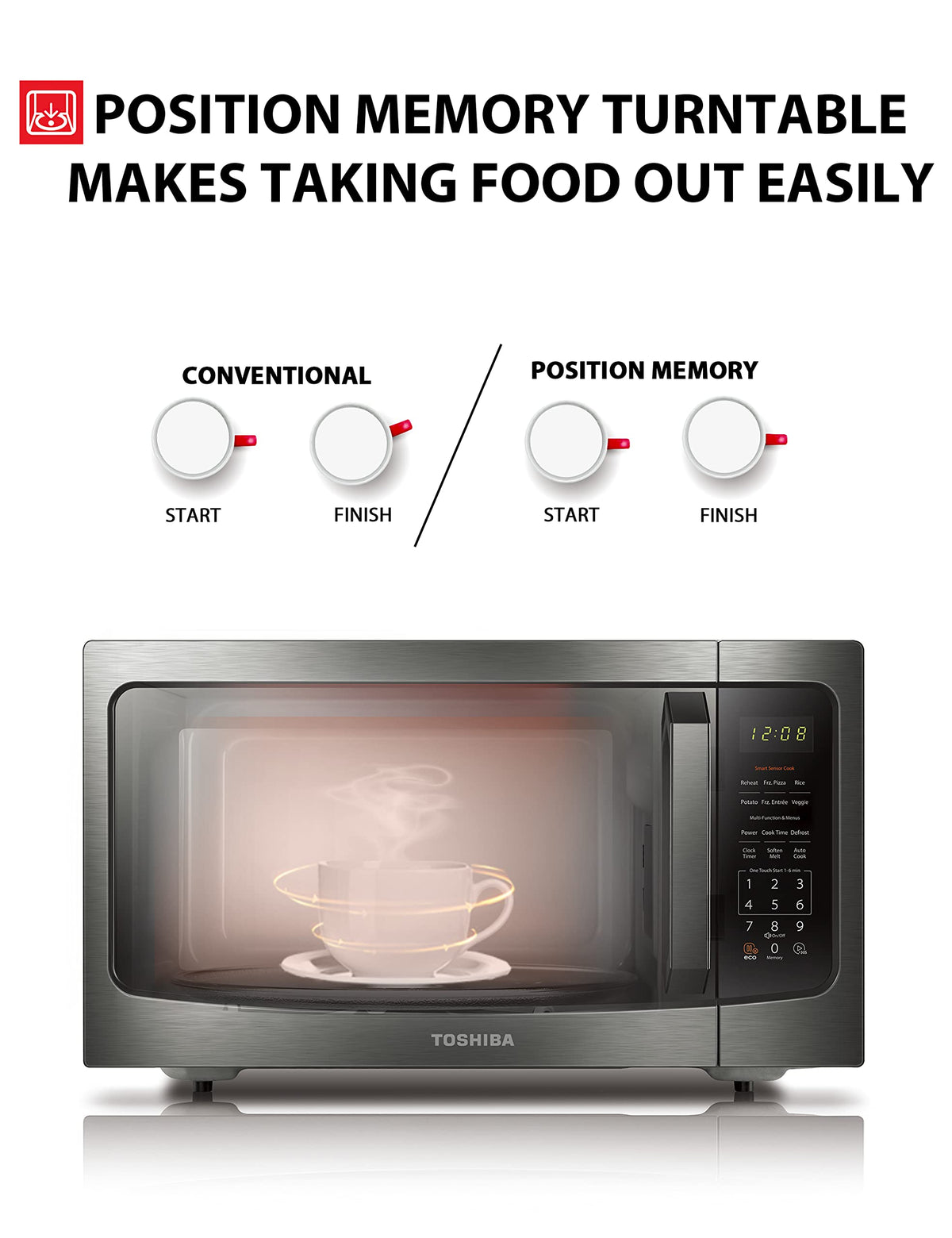 TOSHIBA ML-EM45P(BS) one-touch popcorn button accelerates snack prep.