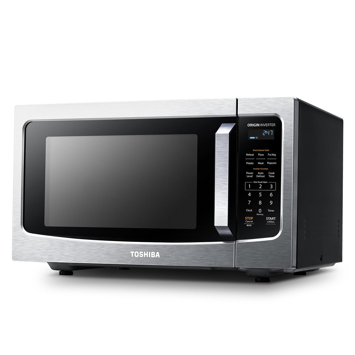 TOSHIBA ML-EM45PIT front view with stainless exterior for a modern kitchen