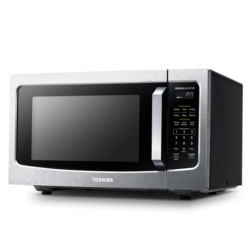 TOSHIBA ML-EM45PIT front view with stainless exterior for a modern kitchen