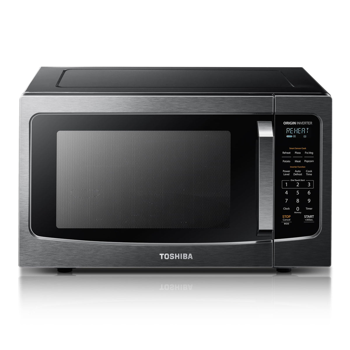 TOSHIBA ML-EM45PIT front view showing space-saving design that fits compact kitchens