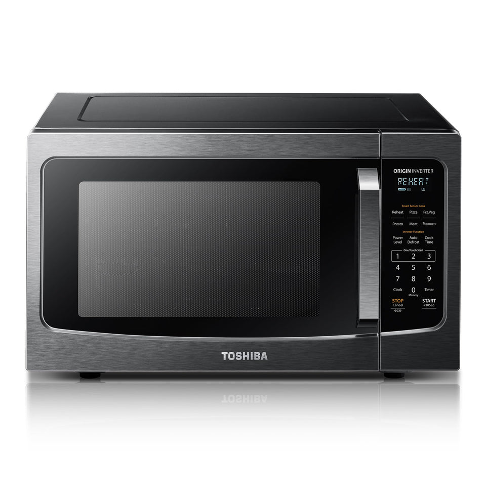 TOSHIBA ML-EM45PIT front view showing space-saving design that fits compact kitchens