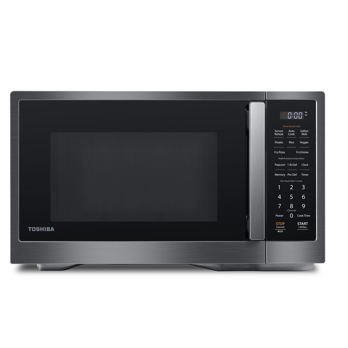 Toshiba ML4-EM12PA(BS) microwave front view highlights modern compact design for small kitchens