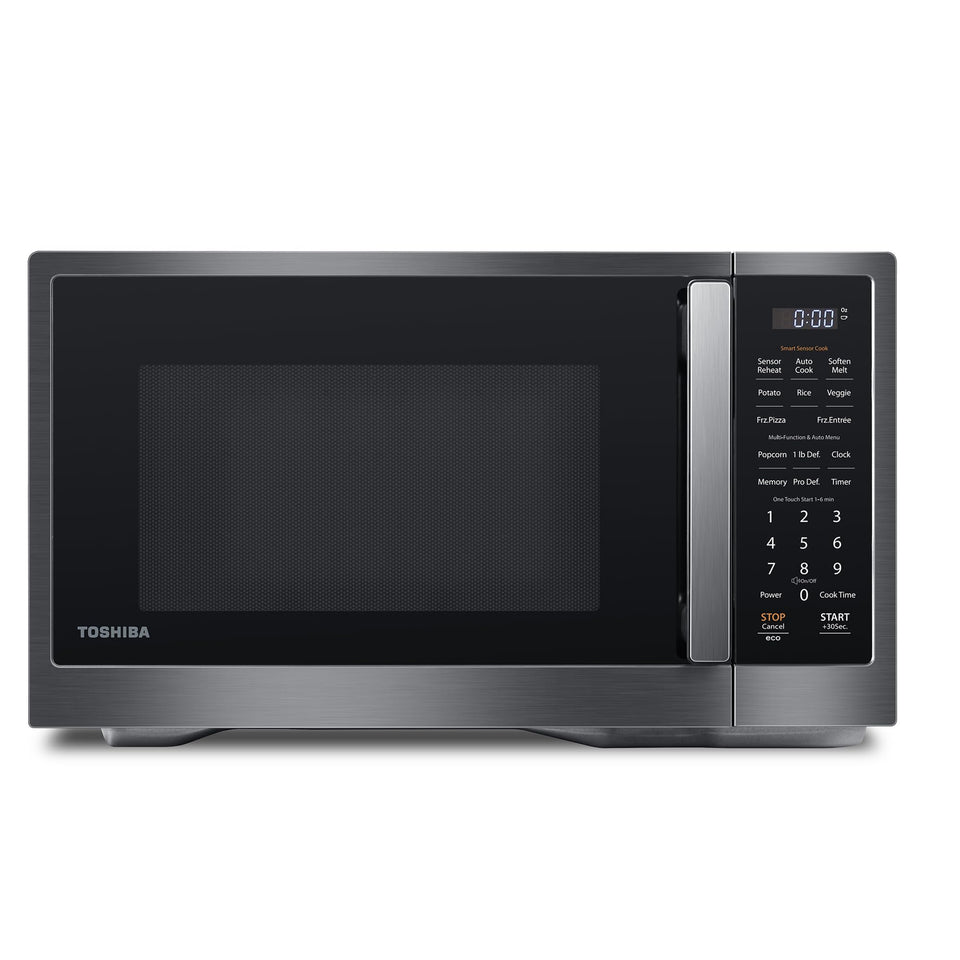 Toshiba ML4-EM12PA(BS) microwave front view highlights modern compact design for small kitchens