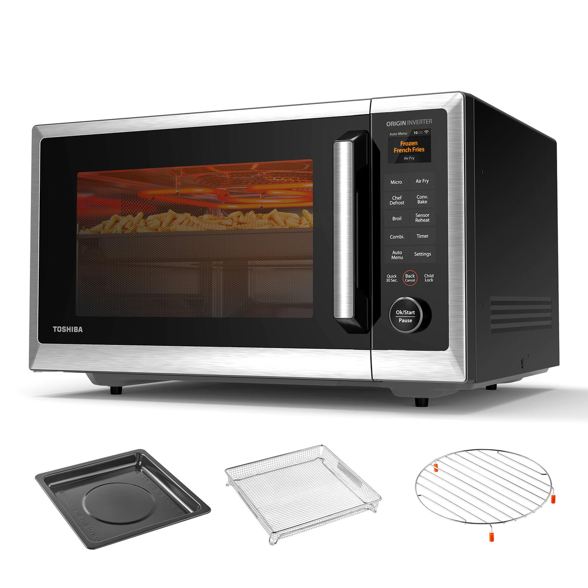 TOSHIBA OptiChef air fryer oven front view for versatile cooking in small spaces.