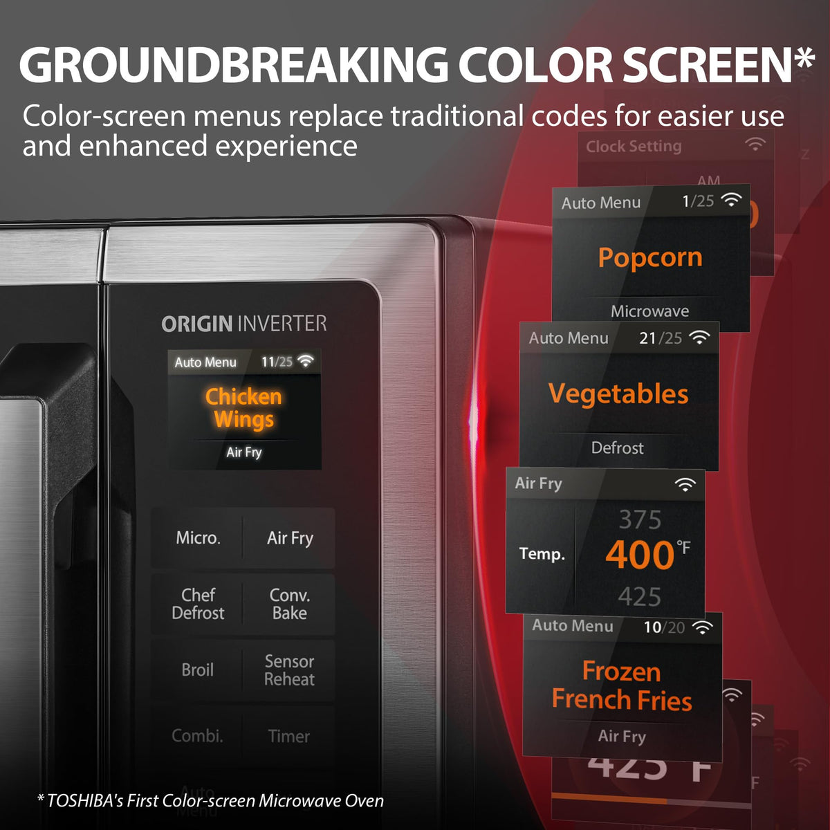 TOSHIBA OptiChef color screen closeup highlighting intuitive controls at a glance.